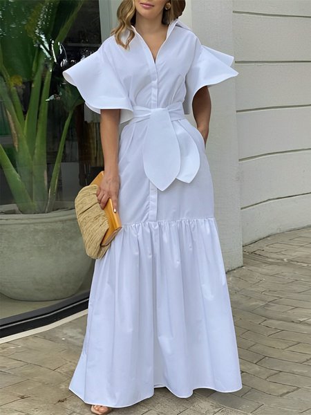 

Shirt Collar Regular Fit Plain Urban Maxi Dress, White, Maxi Dresses