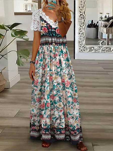 

Ethnic Floral Regular Fit V Neck Dress, Blue, Dresses
