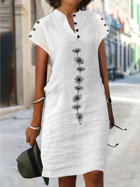 

Women Plain Daisy Floral Half Open Collar Button Vacation Cotton Linen Dress, White, Mini Dresses