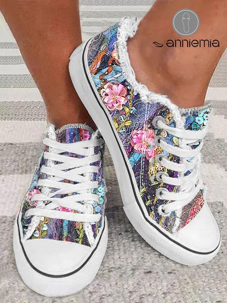 

Casual Purple Floral Printed Fringe Hem Lace-Up Canvas Shoes, Sneakers