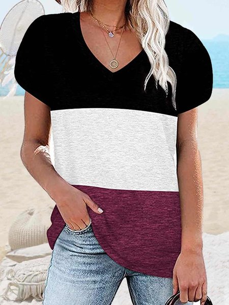 

Women's V Neck Casual Color Block T-Shirt, As picture, T-shirts