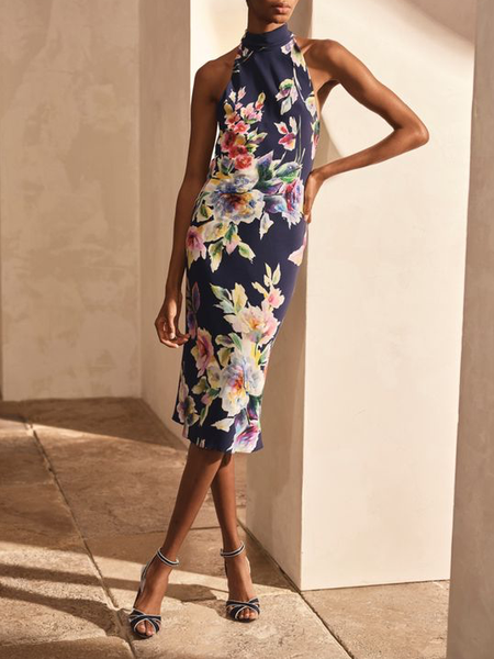 

Party Floral Crew Neck Elegant Dress, Blue, Midi Dresses