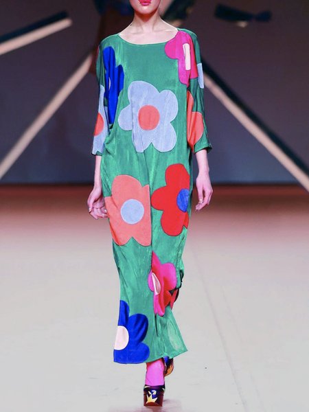 

Regular Fit Elegant Crew Neck Floral Dress, Green, Maxi Dresses