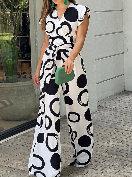 

Loose Lightweight Urban V Neck Cap sleeve Geometric Jumpsuit, Black, Jumpsuits