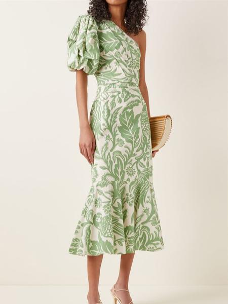 

Wedding Guest Floral One Shoulder Elegant Dress, Green, Midi Dresses