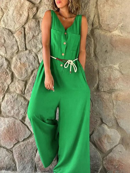 

V neck Casual Plain Loose Jumpsuit, Green, Jumpsuits