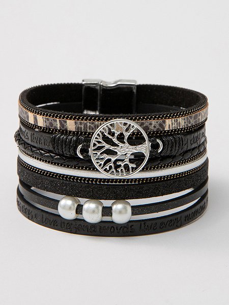 

Leather Tree Of Life Motif Beaded Layered Bracelets Casual Women's Jewelry, Black, Bracelets
