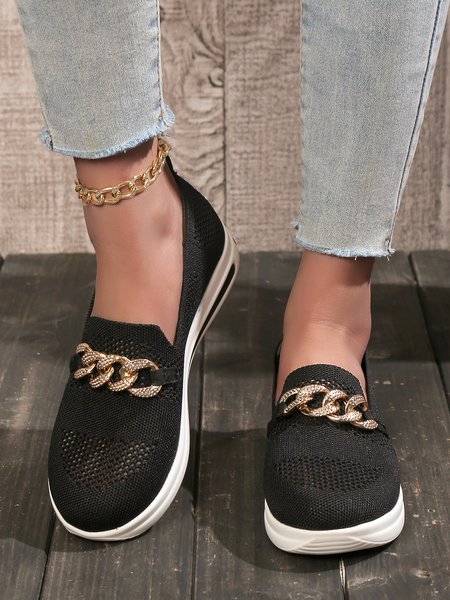 

Women Rhinestone Chain Breathable Slip-On Sneakers, Black, Flats