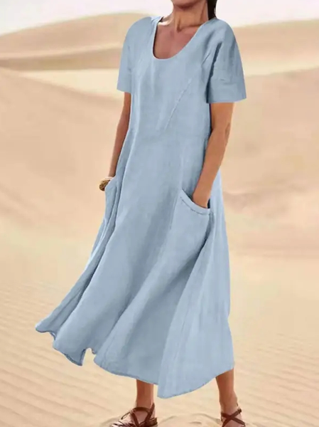 

Crew Neck Linen Loose Plain Dress, Blue, Dresses