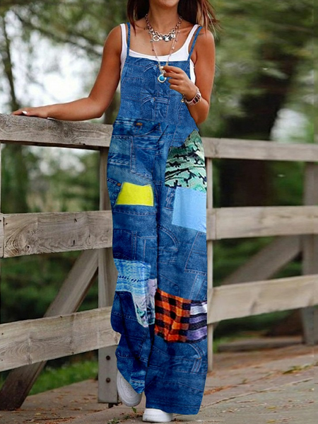 

Geometric Loose Casual Jumpsuit, Blue, Jumpsuits＆Rompers