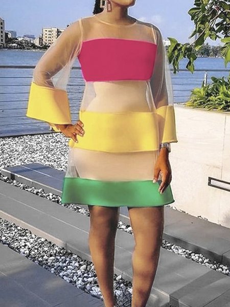 

Regular Fit Color Block Elegant Crew Neck Dress, Yellow, Mini Dresses