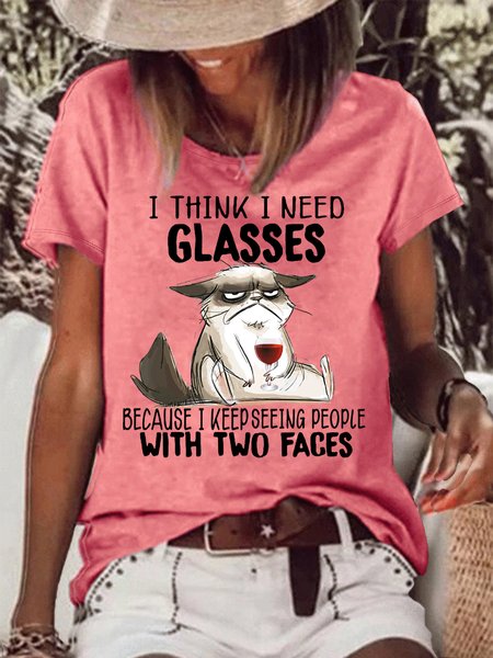 

Women's Grumpy Cat I think I need glasses because I keep seeing a lot of people with two faces Letters T-Shirt, Pink, T-shirts