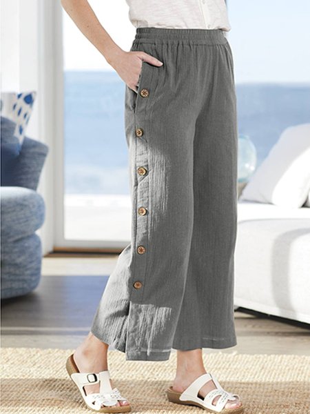 

women's linen Buttoned Plain Pants, Gray, Clothing