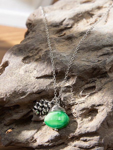 

Green Natural Stone Pine Cone Pendant Necklace Casual Ethnic Women's Jewelry, Necklaces