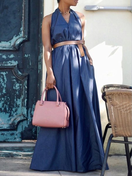 

V Neck Plain Vacation Sleeveless Dress, Blue, Maxi Dresses