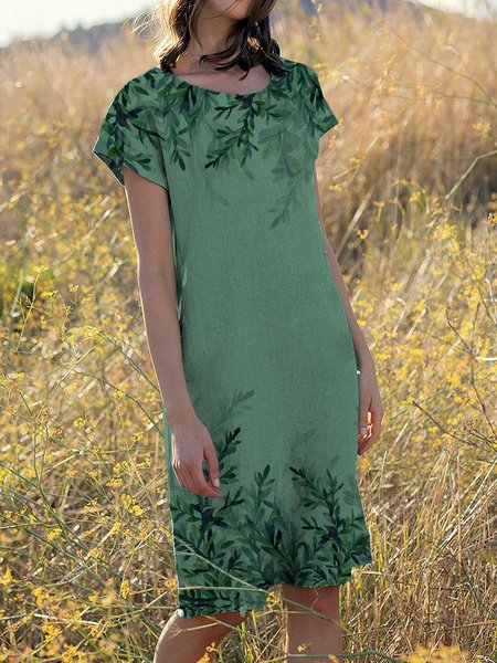 

women's cotton linen Vintage Loose Leaf Shirt, Green, Dresses