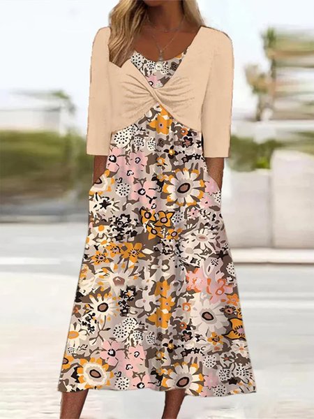 

Floral Elegant Crew Neck Two-Piece Set, Light orange, Casual Dresses