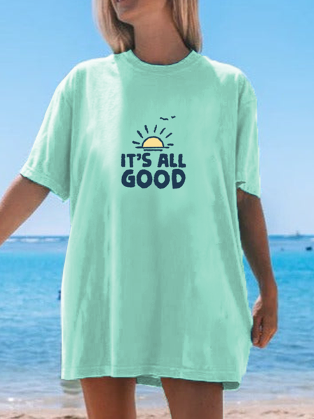 

Women's Sun Oversize It's All Good Vacation Cotton Text Letters Casual T-Shirt, Green, T-shirts