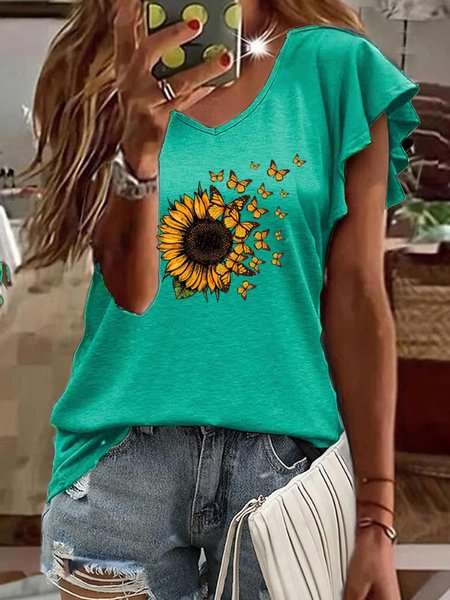 Women's V Neck Casual Sunflower Butterfly T-Shirt, Green, T-shirts