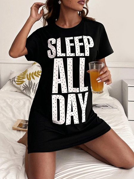 

Casual Printing Text Letters Nightdress, Black, Loungewear & Sleepwear