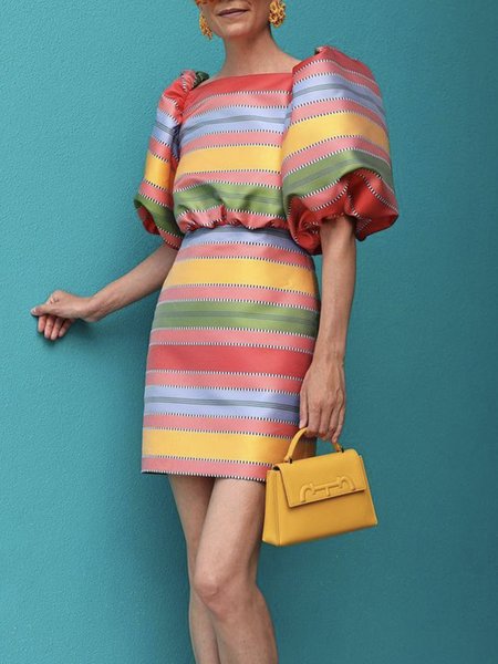 

Striped Boat Neck Elegant Regular Fit Dress, Pink, Mini Dresses