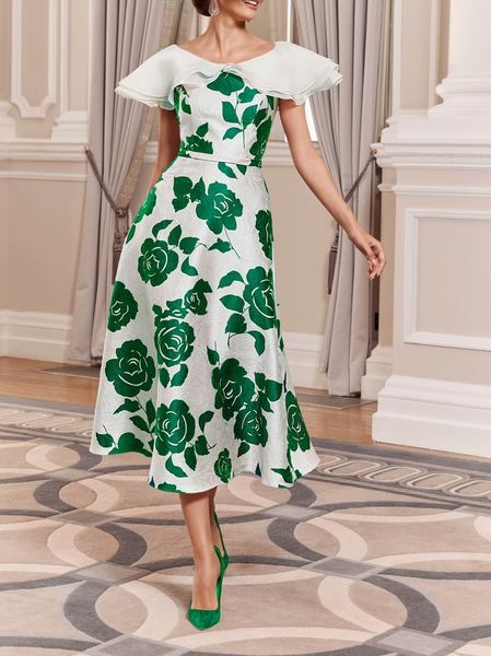 

Crew Neck Wedding Guest Floral Elegant Dress, Green, Midi Dresses