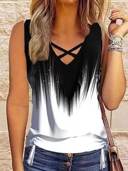 

Loose Casual Ombre Drawstring Tank Top, Black-white, Tanks & Camis