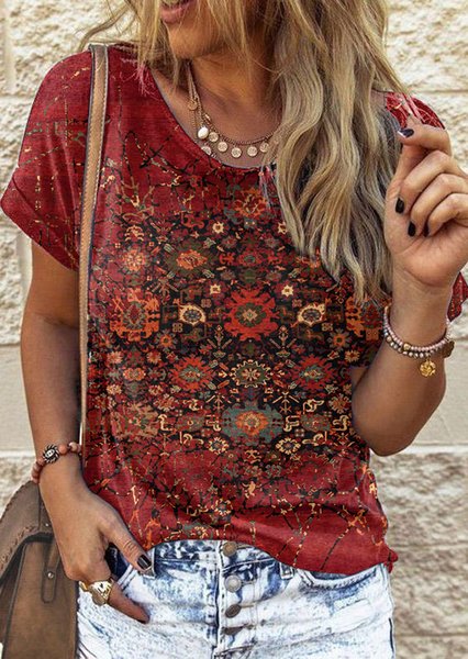 

Ethnic Crew Neck Regular Fit Ethnic T-Shirt, Red, T-Shirts