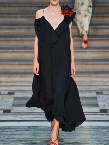 

V Neck Vacation Loose Plain Maxi Dress, Black, Maxi Dresses
