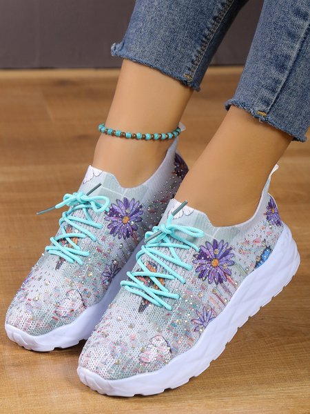 

Purple Daisy Printed Rhinestone Breathable Slip On Sneakers, Sneakers