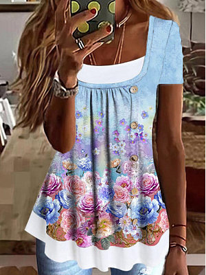 

Casual Loose Floral Crew Neck Shirt, Blue, Shirts & Blouses