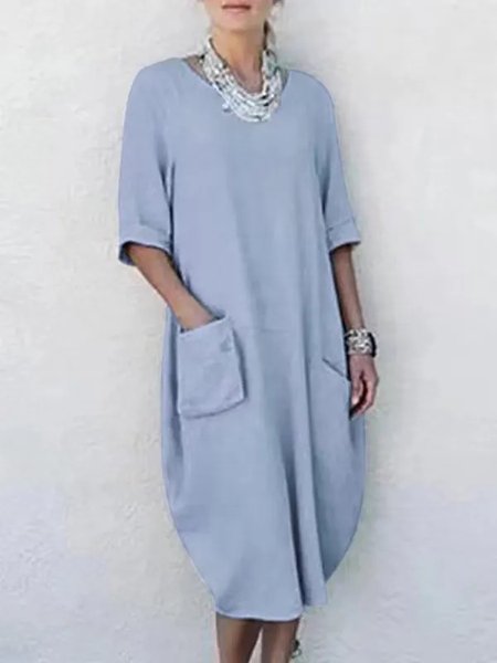 

Linen Loose Plain Crew Neck Dress, Blue, Dresses