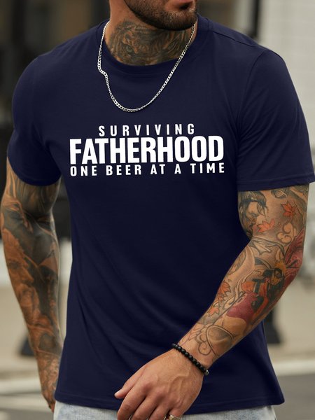

Men's Surviving Fatherhood One Beer At A Time Funny Graphic Printing Gift For Father's Day Text Letters Cotton Casual T-Shirt, Purplish blue, T-shirts