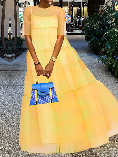 

Loose Crew Neck Short sleeve Elegant Plain Long Dress, Yellow, Maxi Dresses