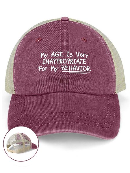 

Men’s My Age Is Very Inappropriate For My Behavior Regular Fit Washed Mesh-back Baseball Cap, Wine red, Women's Hats