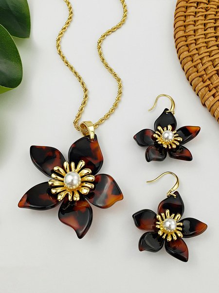 

Amber Floral Set Pearl Necklace Earrings Set Elegant Party Casual Women's Jewelry, Color2, Necklaces