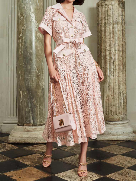 

Plain Regular Fit Short sleeve Lapel Collar Elegant Midi Dress, Pink, Midi Dresses