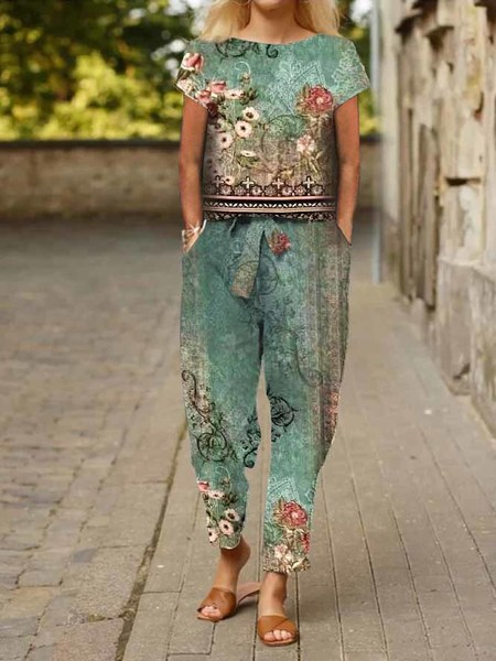 

Plus Size Casual Crew Neck Jersey Two-Piece Set, Green, Suit Set