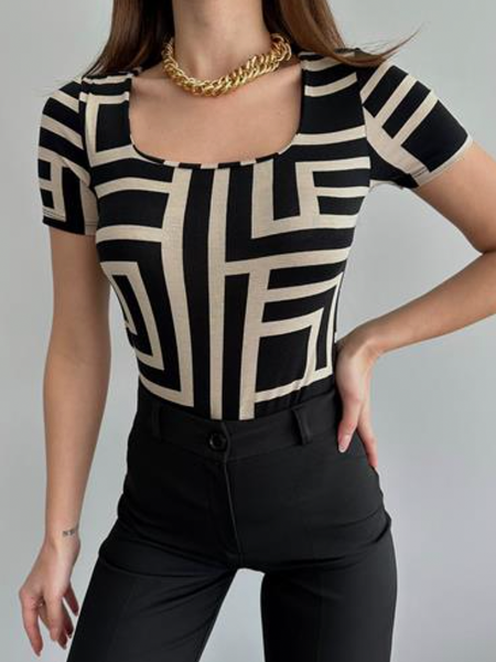 

Tight High Elasticity Geometric Urban Square neck Short sleeve T-Shirt, Black, Tees