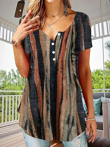 

Geometric Casual Buckle Loose T-Shirt, Brown, Shirts & Blouses