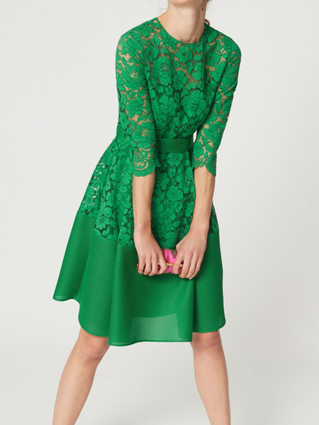 

Regular Fit Plain Crew Neck Short sleeve Elegant Skirt Dress, Green, Mini Dresses