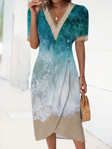 

Ombre Vacation Lace V Neck Dress, Blue, Dresses