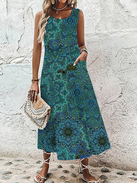 

Boho Ethnic Jersey Crew Neck Dress, Green, Dresses