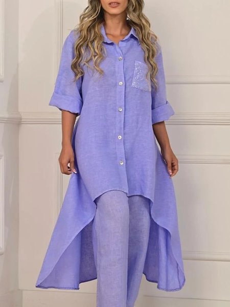 

Casual Shirt Collar Loose Plain Blouse, Purple, Blouses and Shirts