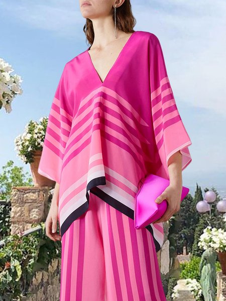 

Loose Striped V Neck Vacation Shirt, Pink, Blouses and Shirts