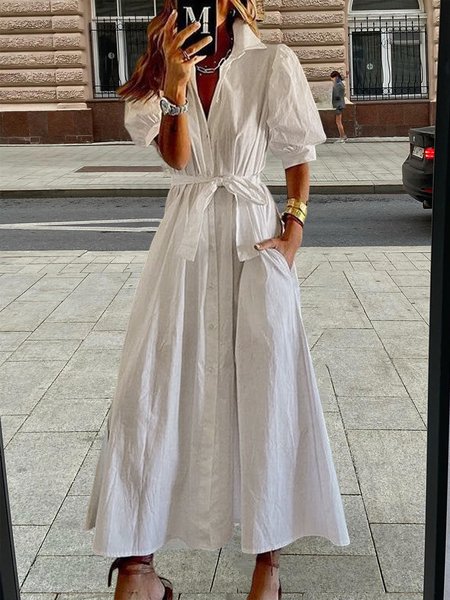 

Casual Plain Loose Shirt Collar Dress, White, Maxi Dresses