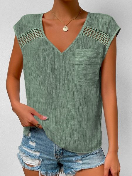 

Casual Lace Edge Loose V Neck Shirt, Green, Tank Tops & Camis