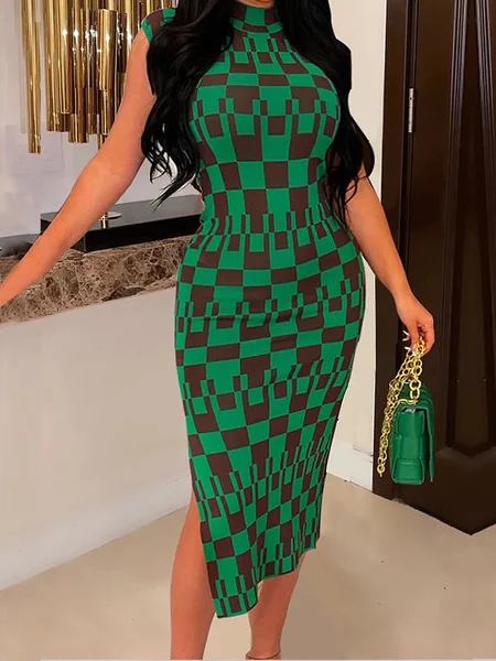 

High Elasticity Tight Half Turtleneck Elegant Cap sleeve Geometric Midi Dress, Green, Midi Dresses