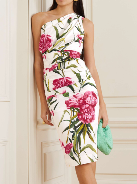 

Party One-shoulder ruched floral-print midi dress, White, Midi Dresses