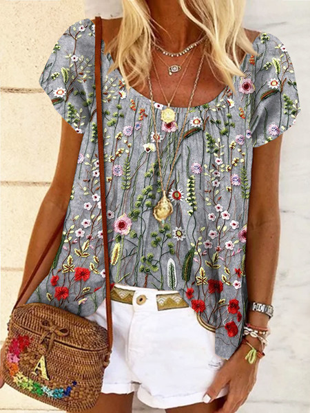 

Plus Size Casual Loose Floral Crew Neck Shirt, Gray, Shirts & Blouses